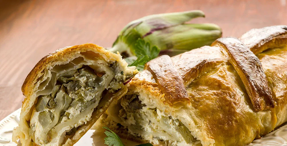 strudel with artichoke and ricotta, vegetarian food